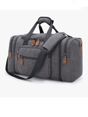 Plambag Gray Canvas Duffel Bag Pockets Waterproof Weekender Luggage NWT